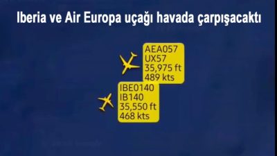 Atlantik Okyanusu üzerinde ters yönde seyreden Iberia ve Air Europa